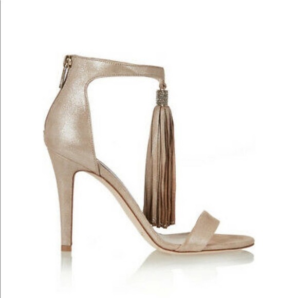 JIMMY CHOO Viola 110 Tan Suede Crystal Tassel High Heeled Sandals Size EU 37.5 - Picture 1 of 15
